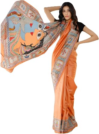 Sidhidata Womens Printed Linen Cotton Saree With Unstitched Blouse Piece ST Durga Orange_Orange_Free Size