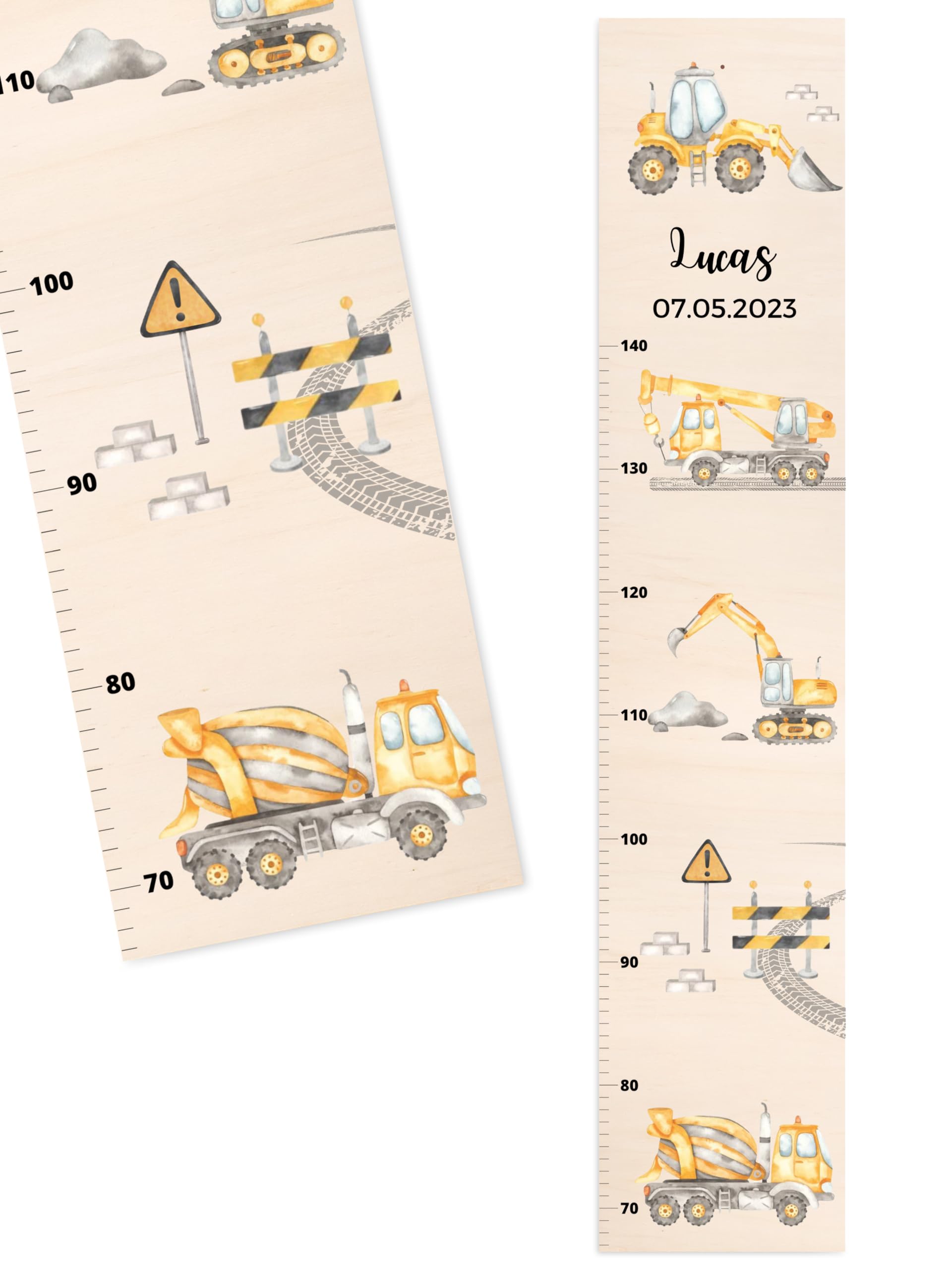 Bärenfreunde® - Personalisierte Messlatte Kind Holz zum Kleben oder Aufhängen - Skala 70-140cm - Süße Dekoration für Baby- & Kleinkinderzimmer (Kinder 70-140cm, Baggerfahrzeuge)