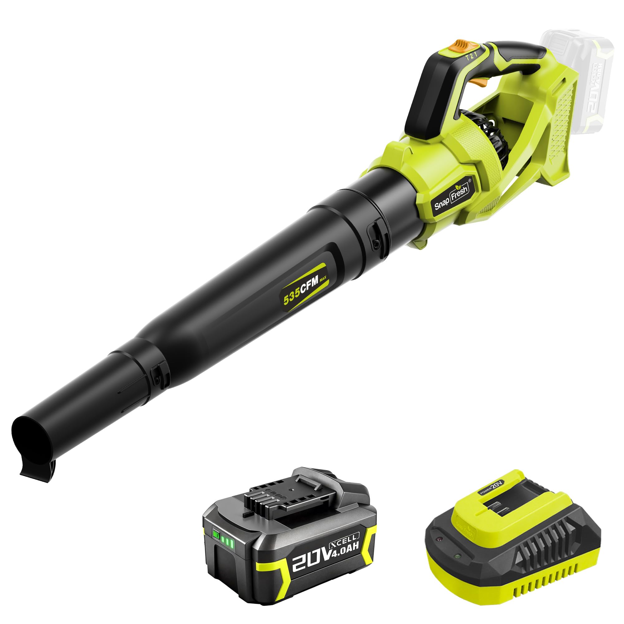 SnapFresh Leaf Blower Cordless, 20V Electric Garden Blower with 4.0Ah Battery, Up to 535 CFM, 3-Speed Control, Lightweight Leaf Blower for Leaves, Patios, Dust and Debris