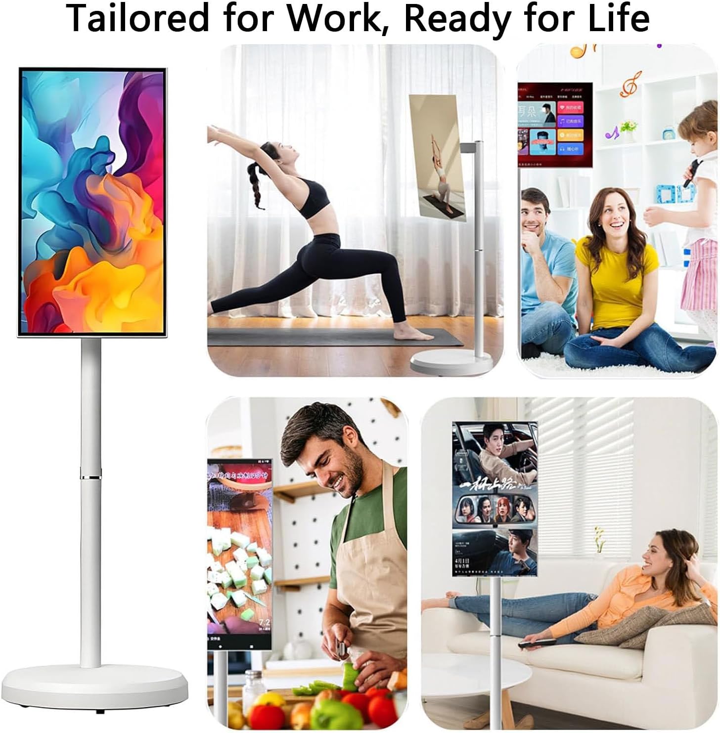 Movable Touchscreen Portable TV 21.5"/24"/27"/32", 4K UHD Smart Mobile TV, Rotatable Outdoor TV with 5MP Camera, Adjustable TV Floor Stand Full Swivel Rotation 24in-8G128G
