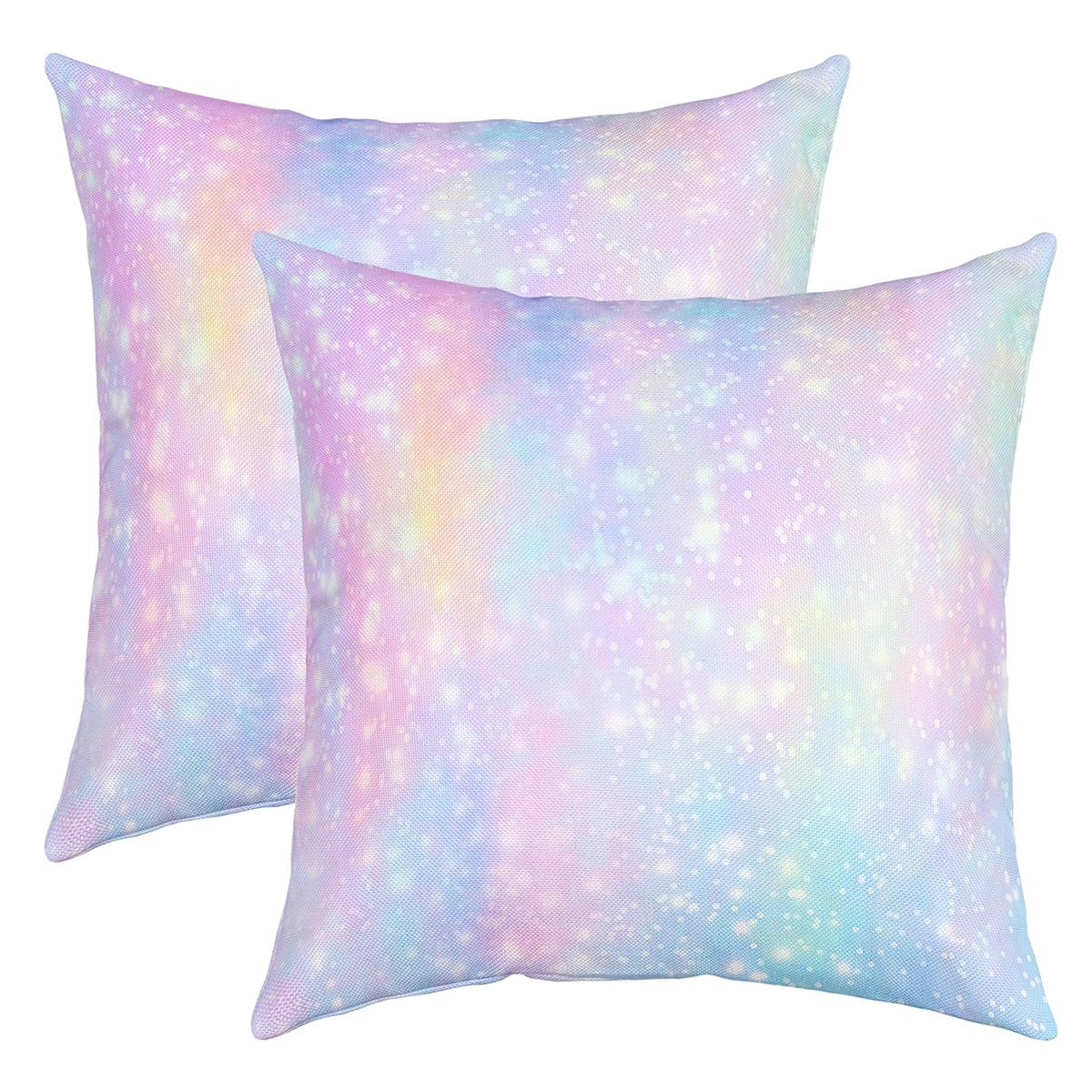 Bedluxy Girls Rainbow, Pastel, Glitter, Galaxy Glitter Pillow Cases Cushion Covers Kawaii Galaxy Pastel Throw Pillow Covers Set Of 2 Rainbow Decorative Throw Pillowcases Colorful Glitter Outer Space Cushion Cases 18X18 Inch