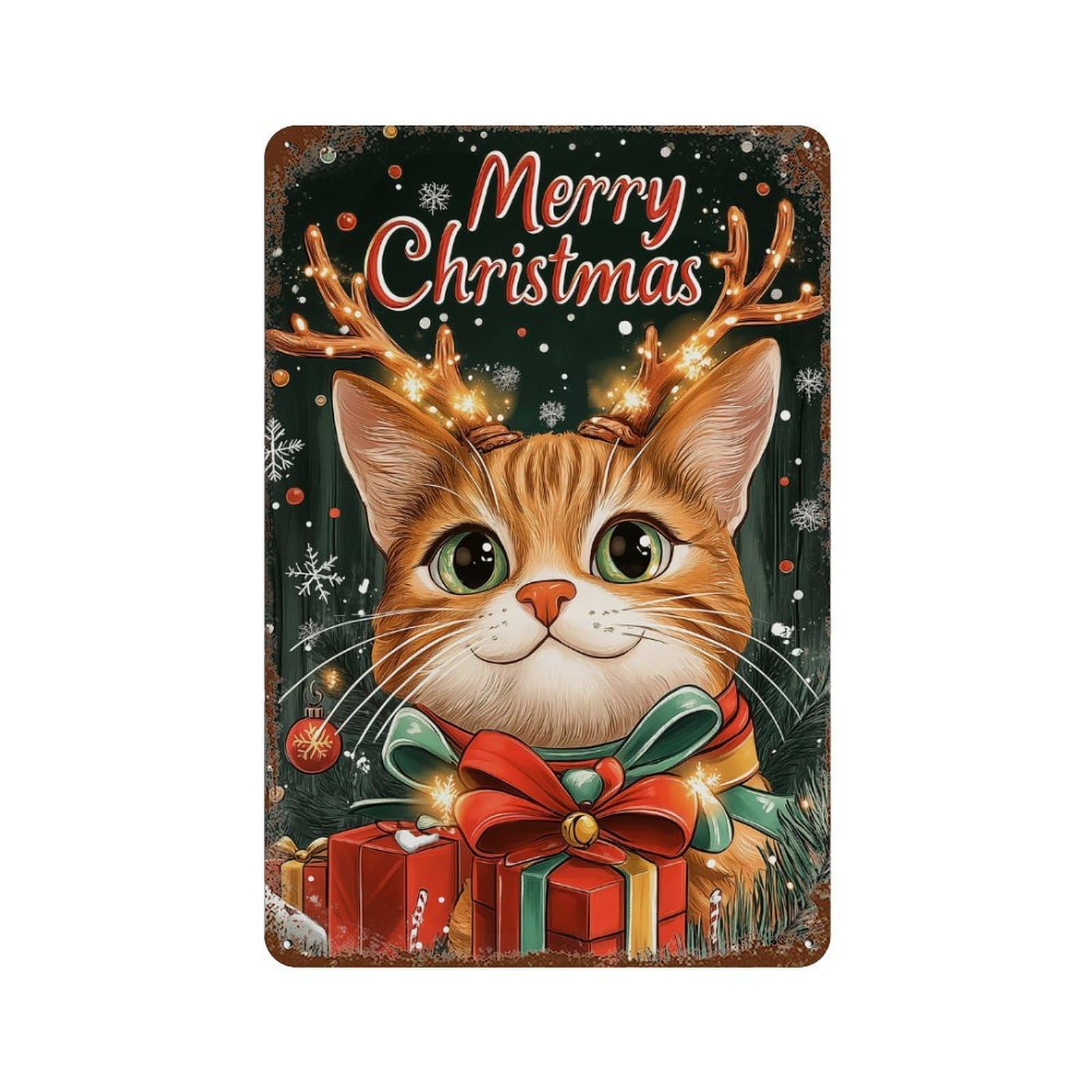 Christmas Cat with Reindeer Antlers Rust Effect Tin Sign 11.8"x7.9", Ideal for Shed, Workshop And Garage Wall Decor