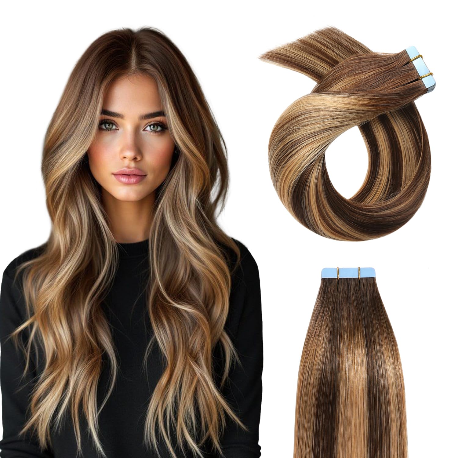 YILITE Tape in Hair Extensions Human Hair 16 inch 20pcs Balayage Chocolate Brown to Caramel Blonde Tape in Hair Extensions Remy Human Hair 40g