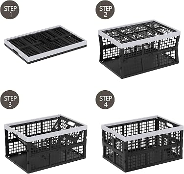 40 L Large Collapsible Storage Crates, Black Plastic Stackable Storage Crates, 4 Pack