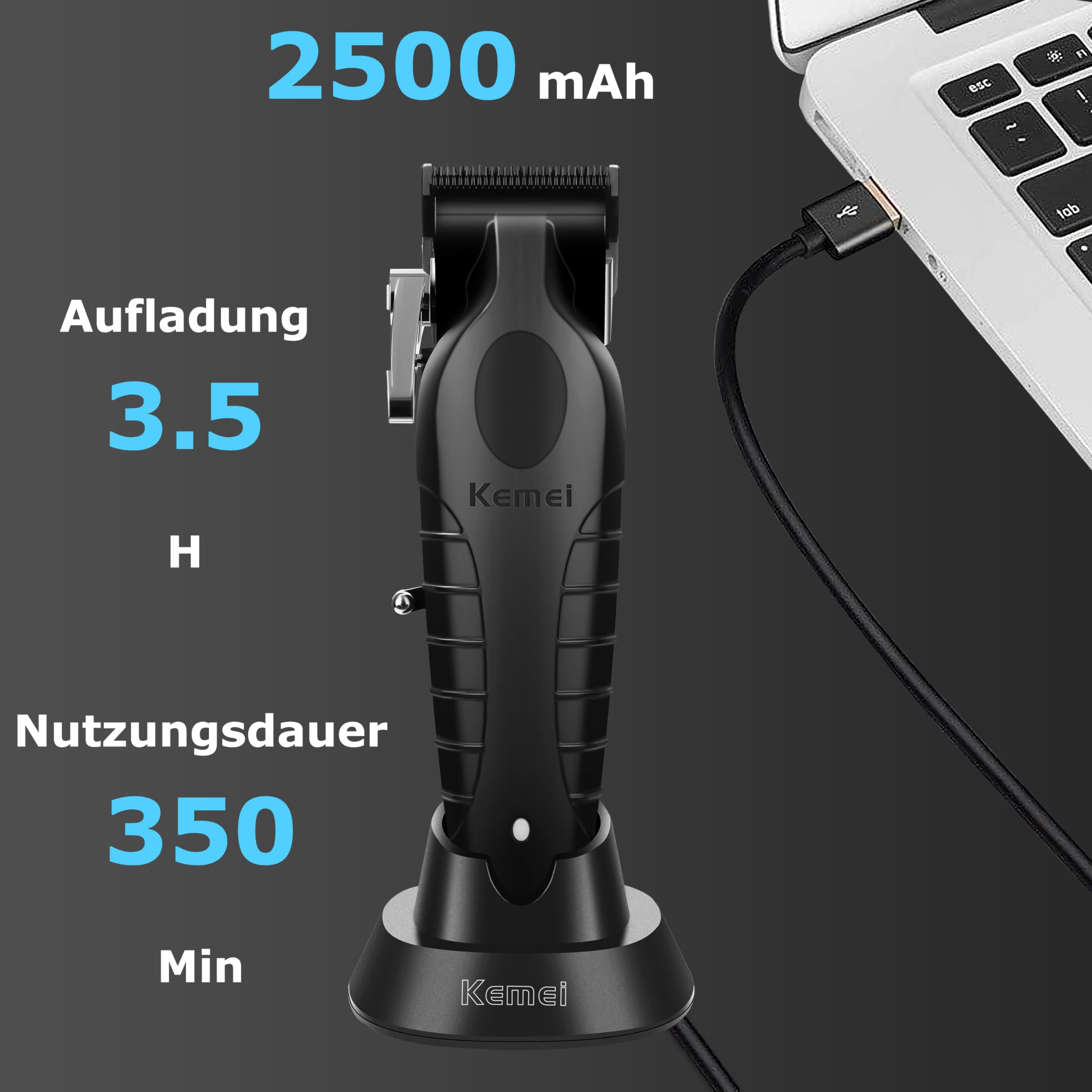 KEMEI 2296 Professionelle Haarschneidemaschinen für Männer | schnurlose Haarschneide-Kits, Haar- & Bartschneider, T-Klinge Barber Clippers mit USB wiederaufladbar, Schwarz