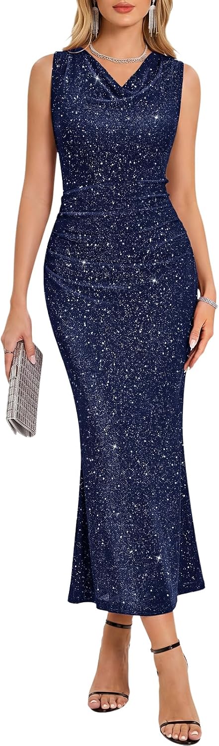 HomRain Sparkly Cowl Neck Cocktail Dresses for Women Evening Party Sleeveless Summer Formal Wedding Guest Dress