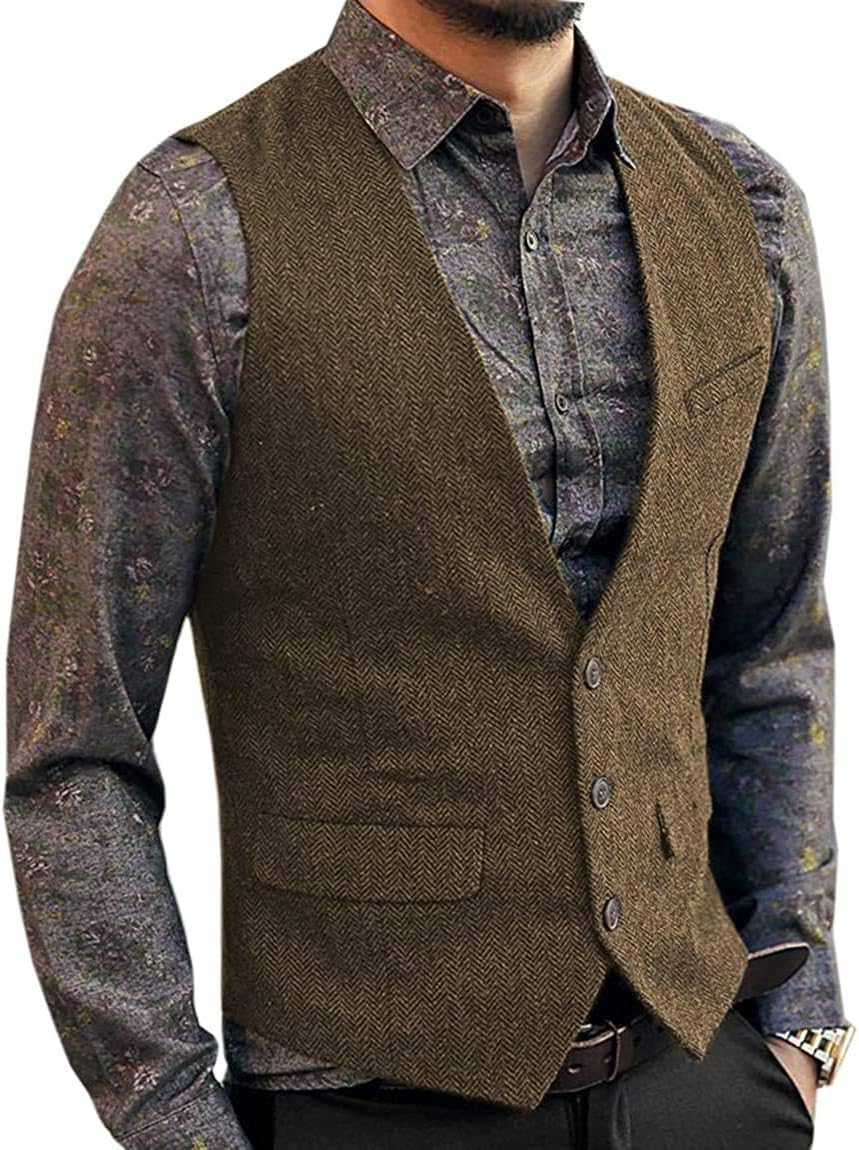 Mens Vests Herringbone Suit Vest Slim Fit V-Neck Waistcoat Business Vest Wedding