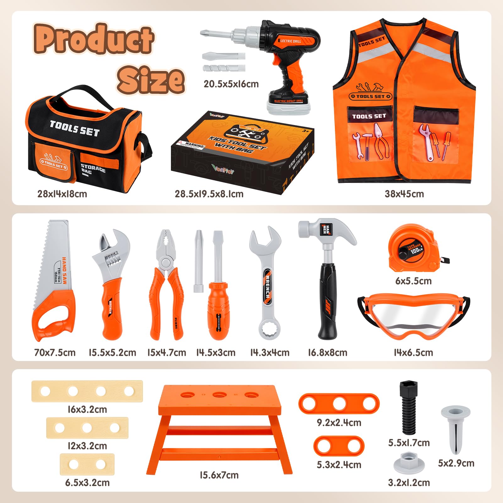 Vanplay Jouet Enfant 3 Ans Boîtes à Outils avec Perceuse Électrique, 43 Pièces avec Sac à Outils & Gilet, Cadeau Enfant 3 4 5 6 Ans