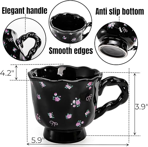 Miniatura 3 de Hiceeden Juego de 2 tazas de café de cerámica floral, tazas de café vintage de 14 onzas con patrón de flores, tazas de café únicas con base para