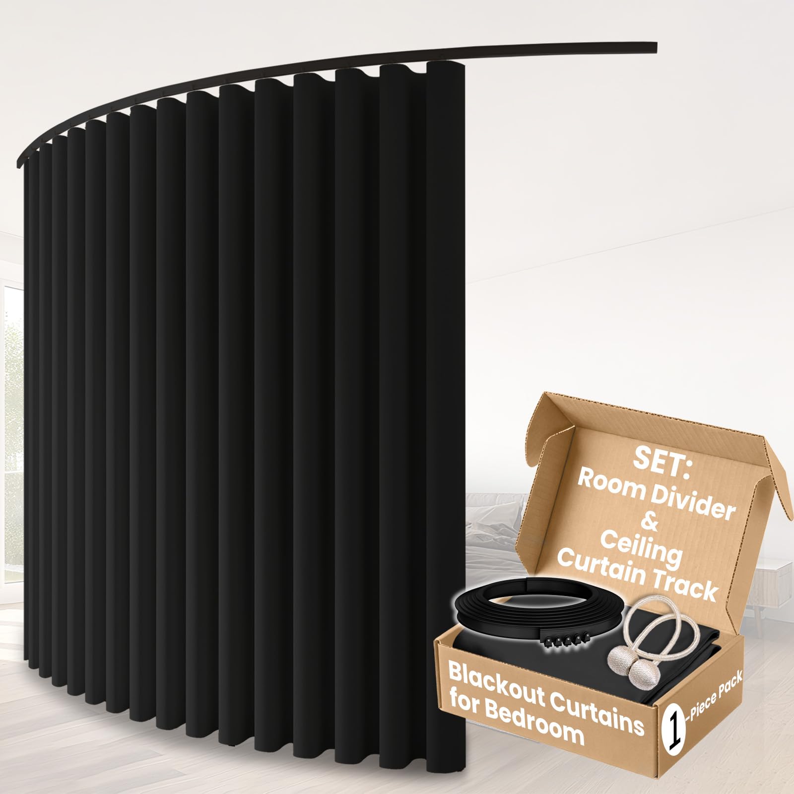 Room Divider Curtains &amp; Flexible Bendable Tracks Set,Privacy Dividers Ceiling Track Curtain Window Blackout Curtains for Living Room Bedroom (W100×H84 in 1 Panel Black Drape &amp; Black Rail 9.8FT/3M)