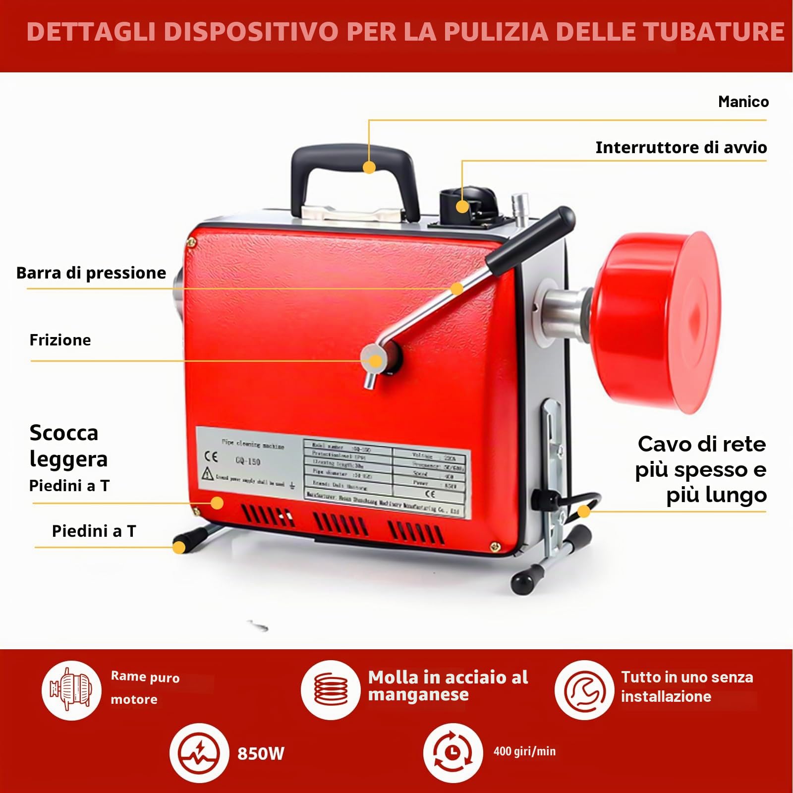 850W Macchina Sturatubi Elettrica, 400r/min Macchina per La Pulizia dei Tubi Della Coclea con Ø10mm Ø16mm Spirale e 8 Punte Diverse, Sturatubi Elettrico per Cucina Lavello di 16 mm