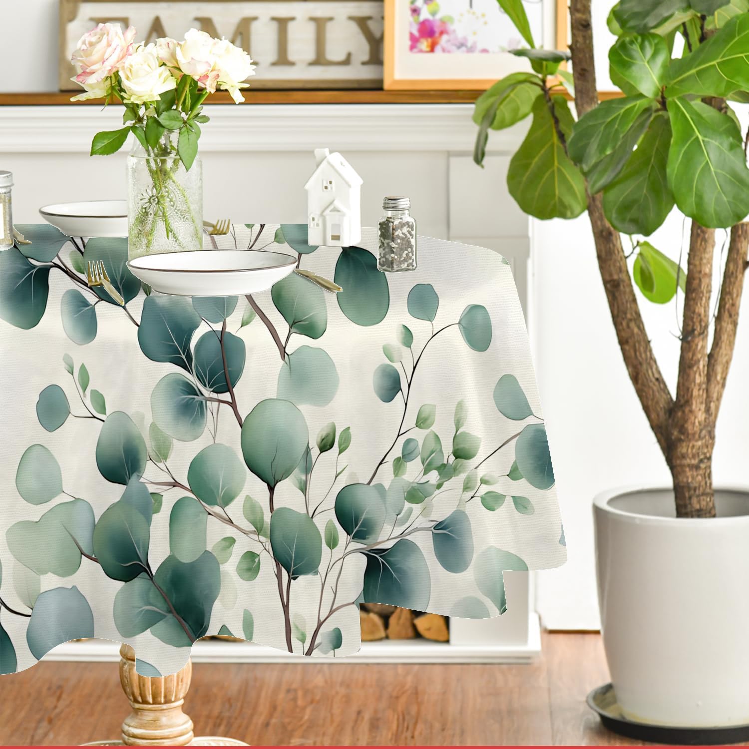 Nappe ronde imperméable feuilles eucalyptus anti-tache lavable pour table ronde 180cm
