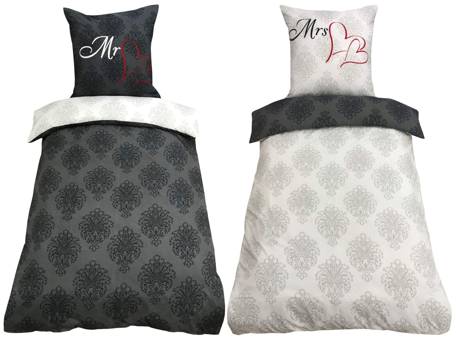 Leonado Vicenti Partner Bed Linen 135 x 200 cm 4 Pieces Mr. & Mrs. Heart grey anthracite reversible look with zip., 135 x 200 cm