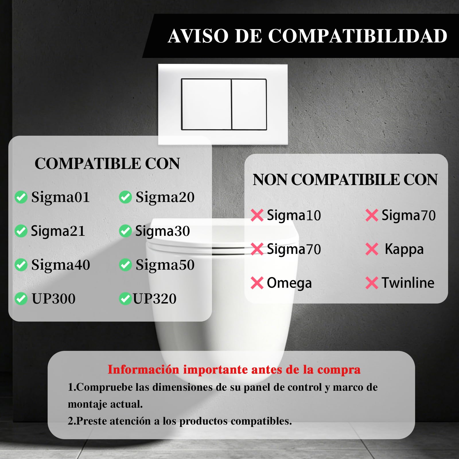 Placa de control de inodoro compatible con Geberit Sigma Gama, UP300 y UP320， panel de doble descarga, incluye marco de instalación y panel fijo, dimensiones 246x164 mm | Brillo（Blanco）