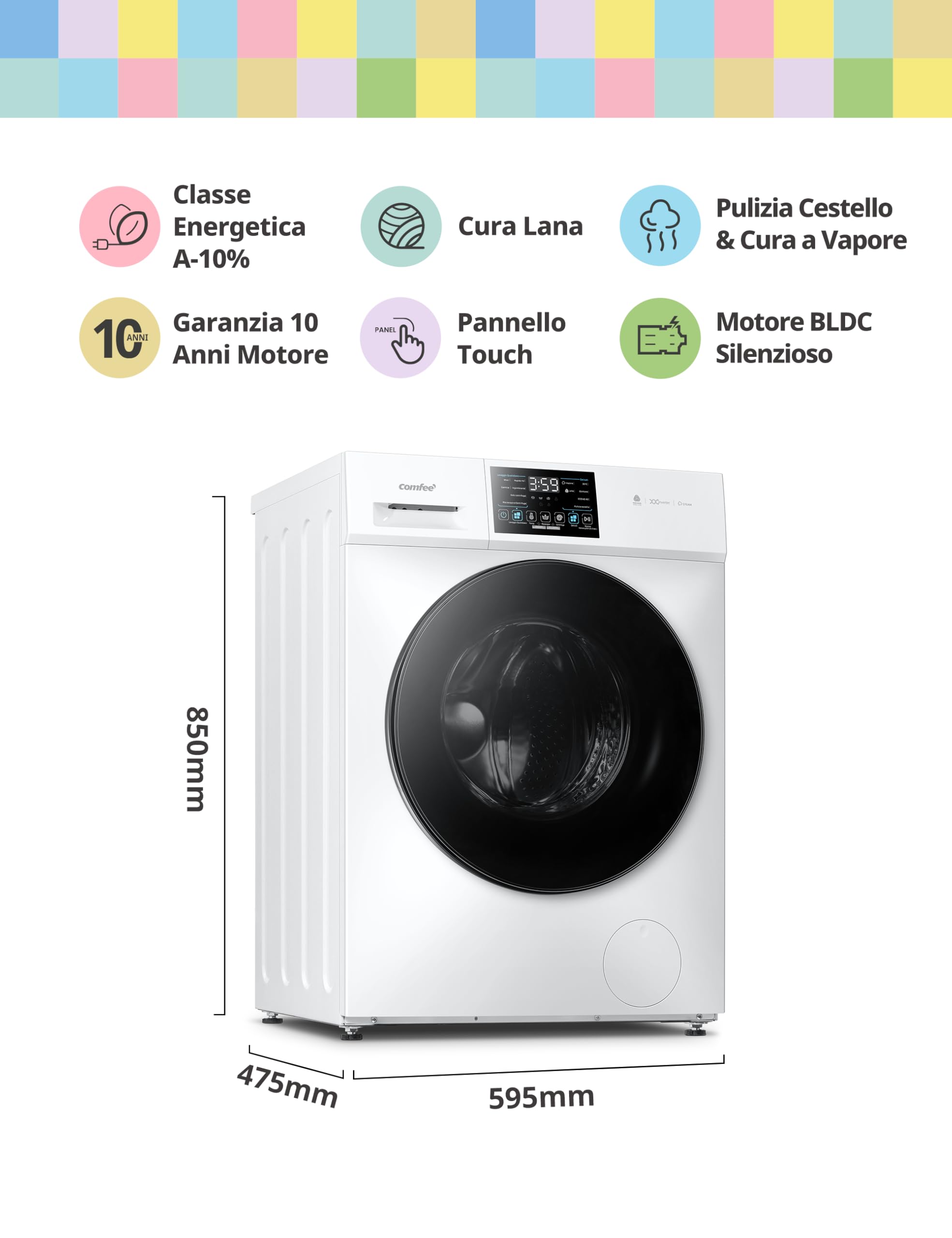 COMFEE' Lavatrice Carica Frontale 8 kg, Classe A-10%, 1400 Giri, Vapore Igienico, Motore Inverter Silenzioso, Lavaggio Rapido, Pannello touch, Wool, Bianco - CFP03EW80W-IT