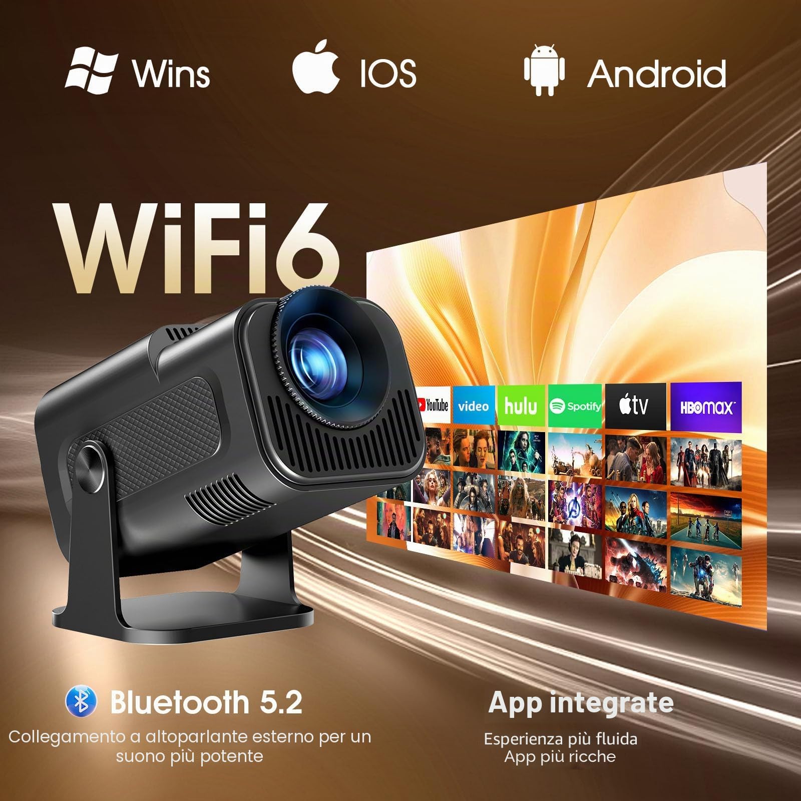 Mini Proiettore 4K 1080P WiFi 6 Bluetooth 5.4 Auto Keystone 180° Portatile HDMI Nero