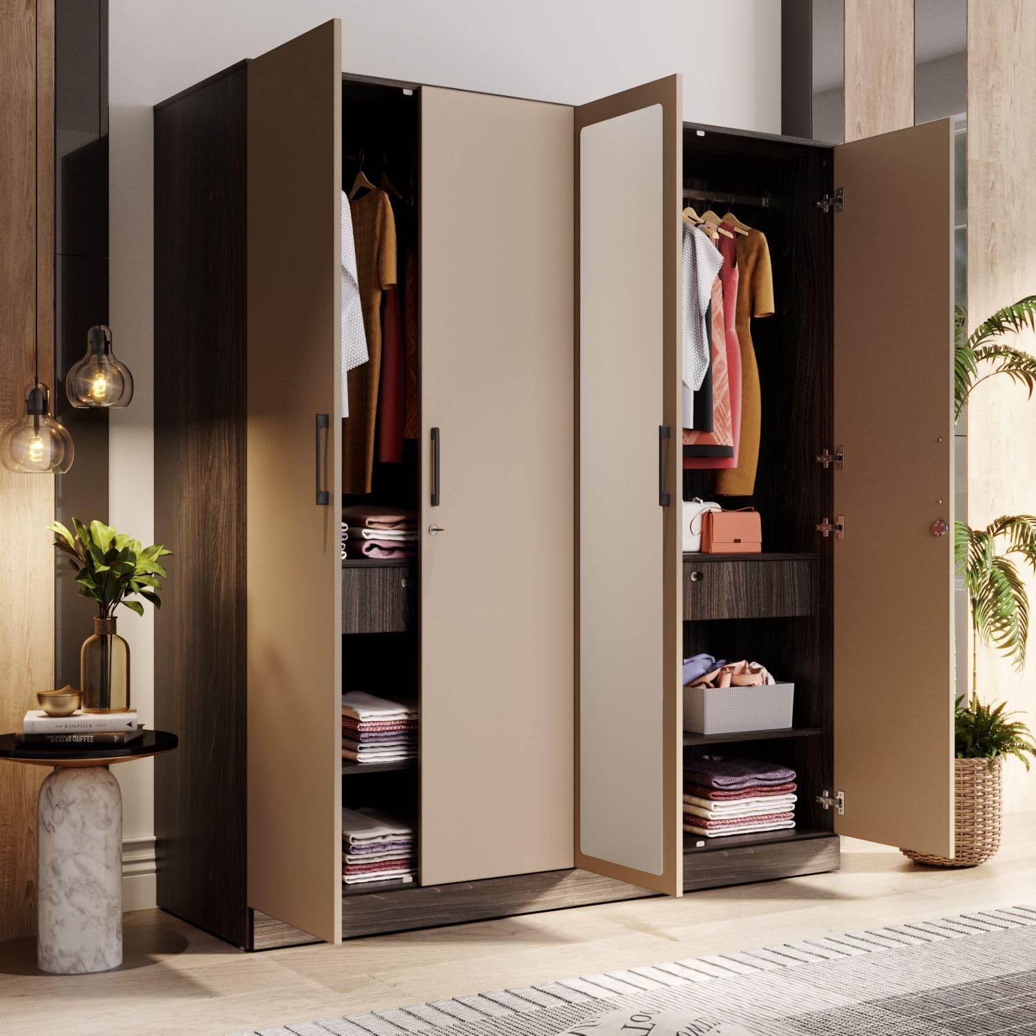 Wakefit Wardrobe for Bedroom | 1 Yr Warranty | Cupboard for Bedroom, Almirah, Wooden Wardrobe, Multi-Shelves Storage with Mirror Drawer & Hanger, Density:680–750 kg/m³, Free Installation (Cashmere-WM)