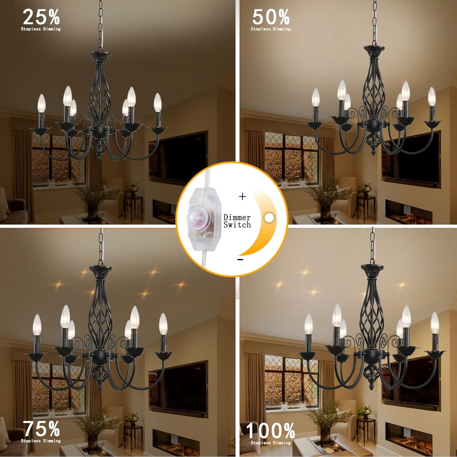 HOXIYA DIMMABLE Plug in Farmhouse Chandelier 6 Light for Living Room, 22" Vintage Hanging Lights with Cord, Rustic Ceiling Hanging Black Chandelier for Dining Room Bedroom Hallway Kitchen Foyer