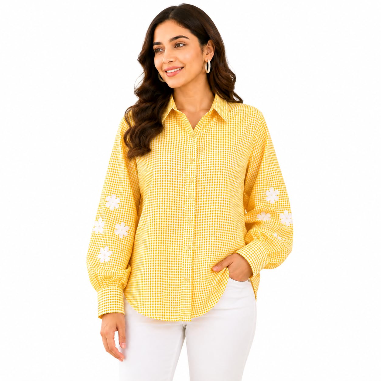 Women's Yellow Gingham Check Shirt with Floral Embroidery-image-39