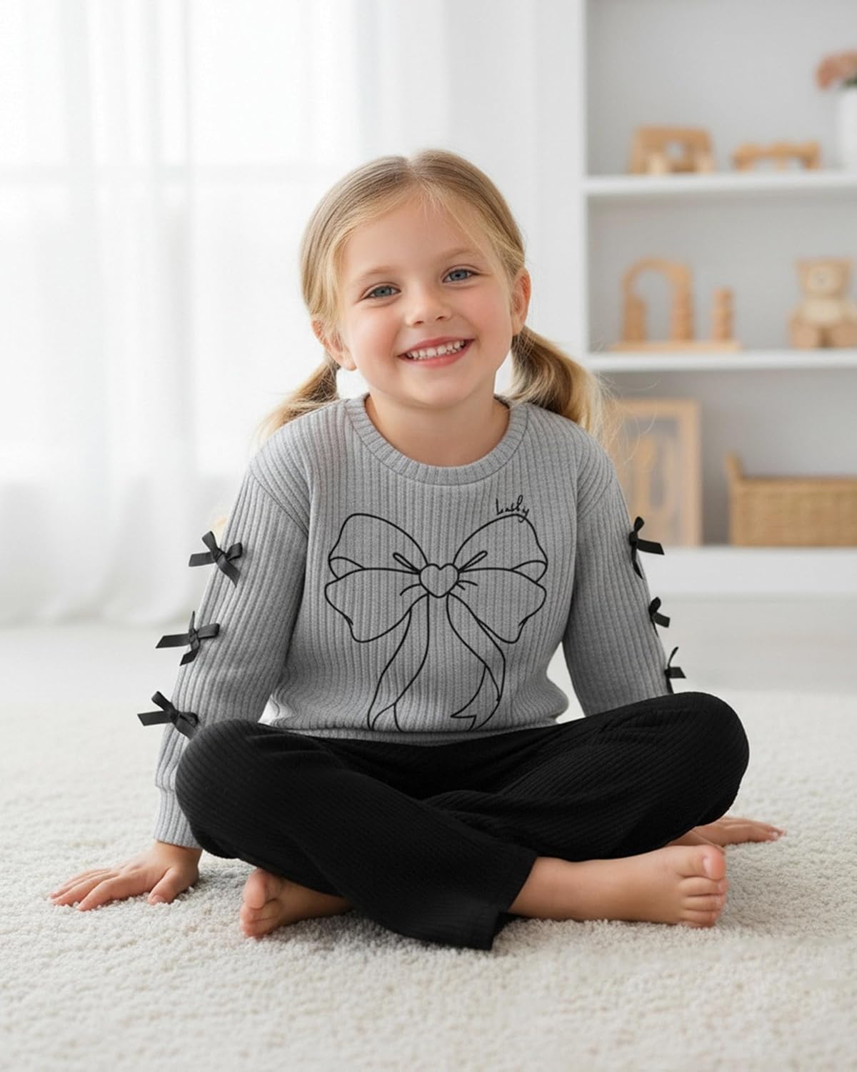 Toddler Girl Clothes Kids Outfits Long Sleeve Ribbed Sweatshirt Bell Bottom Pants Set Fall Winter Clothing for Girls - Image 3