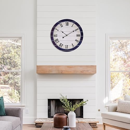 Miniatura 5 de Mofine Relojes de pared para decoración de sala de estar, reloj de pared grande de 24 pulgadas, funciona con pilas, reloj de pared costero de madera