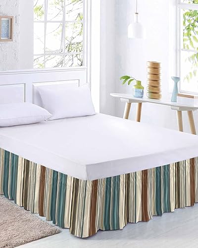 Falda de cama bohemia a rayas color verde azulado y verde, tamaño King, 16 pulgadas de caída, ajustable y elástica envolvente, volantes de lujo para