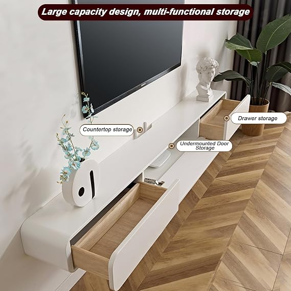 FPIGSHS Solid Wood Floating TV Unit with 2 drawer 120cm Modern Wall-Mounted TV Cabinet Black hanging TV stand Media Console Shelf with Storage for Living Room, Bedroom – Fully Assembled (B, 120cm)