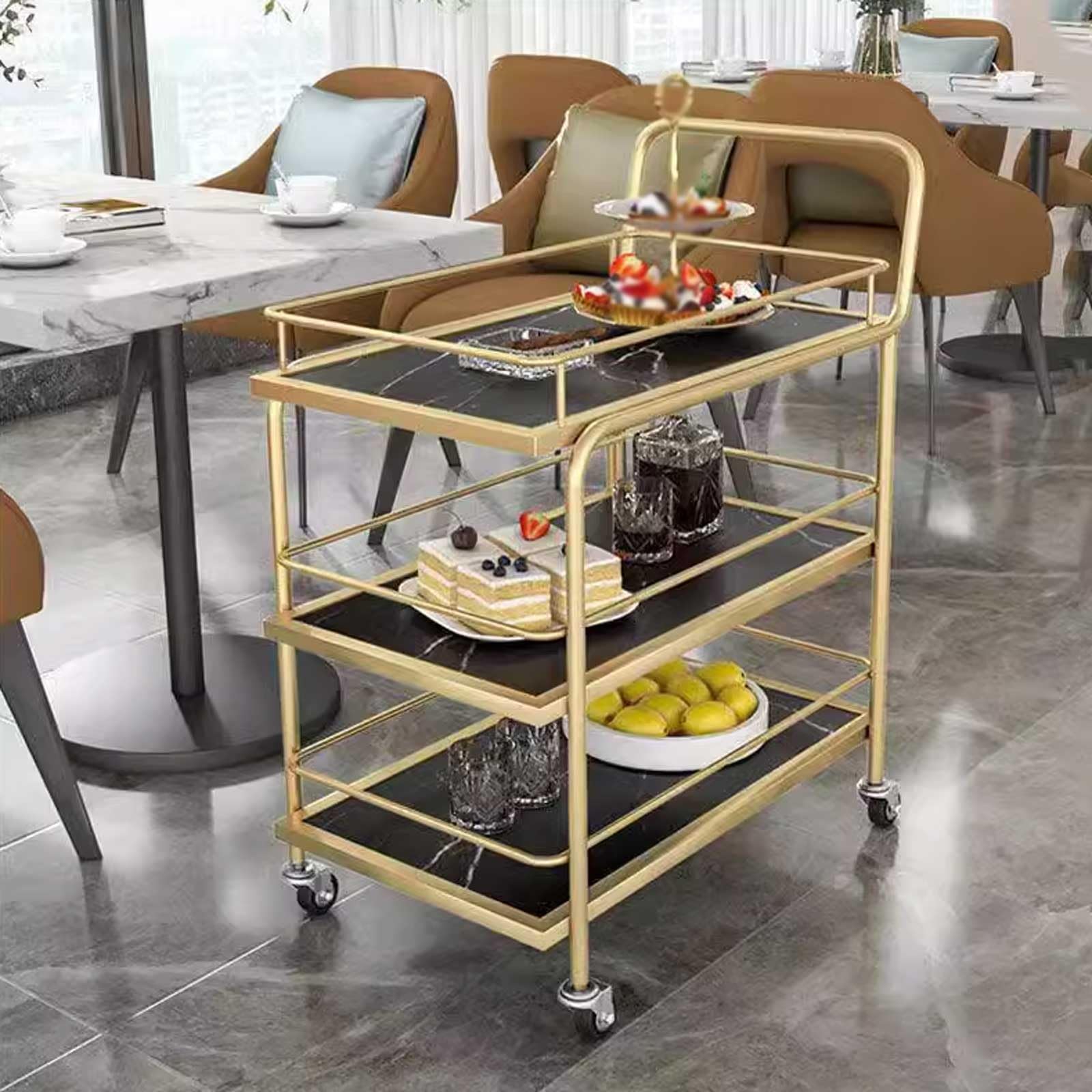 Carrito de cocina de 3 niveles, moderno carrito de bar móvil dorado con ruedas, carrito de servicio de vino y bebidas, elegante mesa de bebidas para el hogar, versátil almacenamiento de cocina.