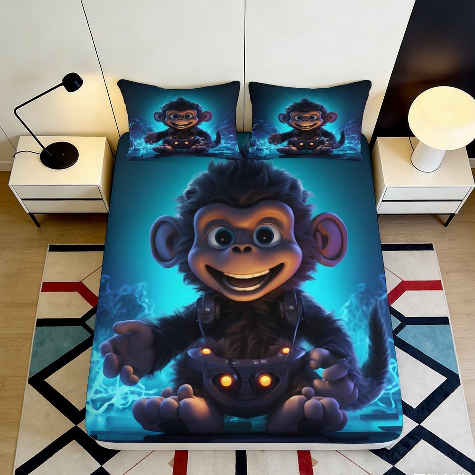 3D Printed Cartoon Monkey Fitted Sheet Microfiber Elastic Hem Bedroom Bedding Cartoon Monkey Mattress Fitted Cover Deep Pocket Washable for Adults Teens 200x200x25cm