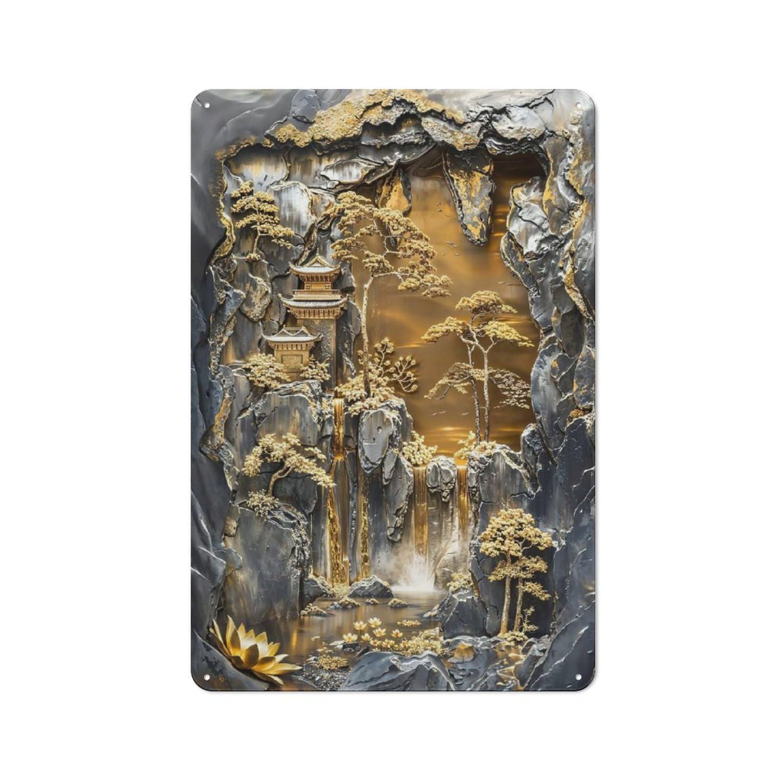 Junmoney Style-1 Tin Wall Plaque 30X20cm With Golden Lotus Zen Garden For Café Or Home Bar, New-Space Wall Decor For Hospitality Decor Collectors