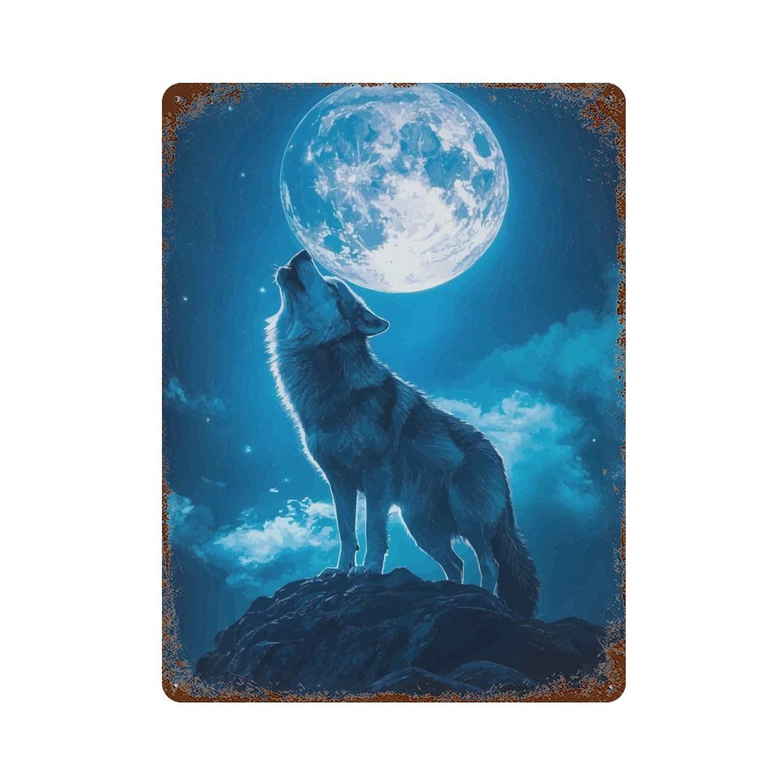 Vintage Rust Metal Sign Wolf Howling at The Moon 15.7"x11.8", Decorative Metal Wall Art for Basement, Hobby Room And Garage Decor