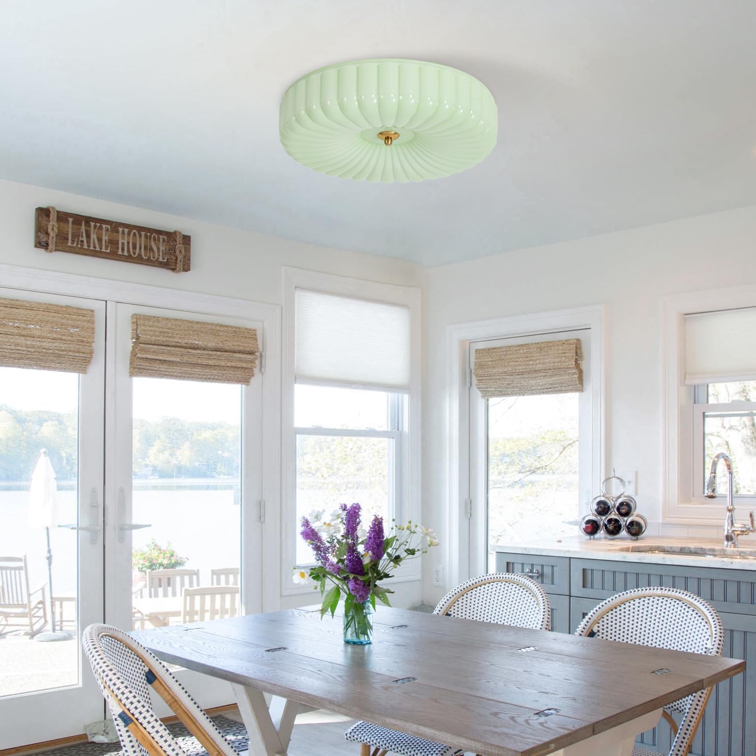 KCO Illuminazione Nordic Vetro Verde Montaggio A Filo Plafoniera Vintage Rotondo Semi Flush Mount Plafoniera Lampada Da Soffitto Metà Century Bagno Moderno Luce A Soffitto A LED