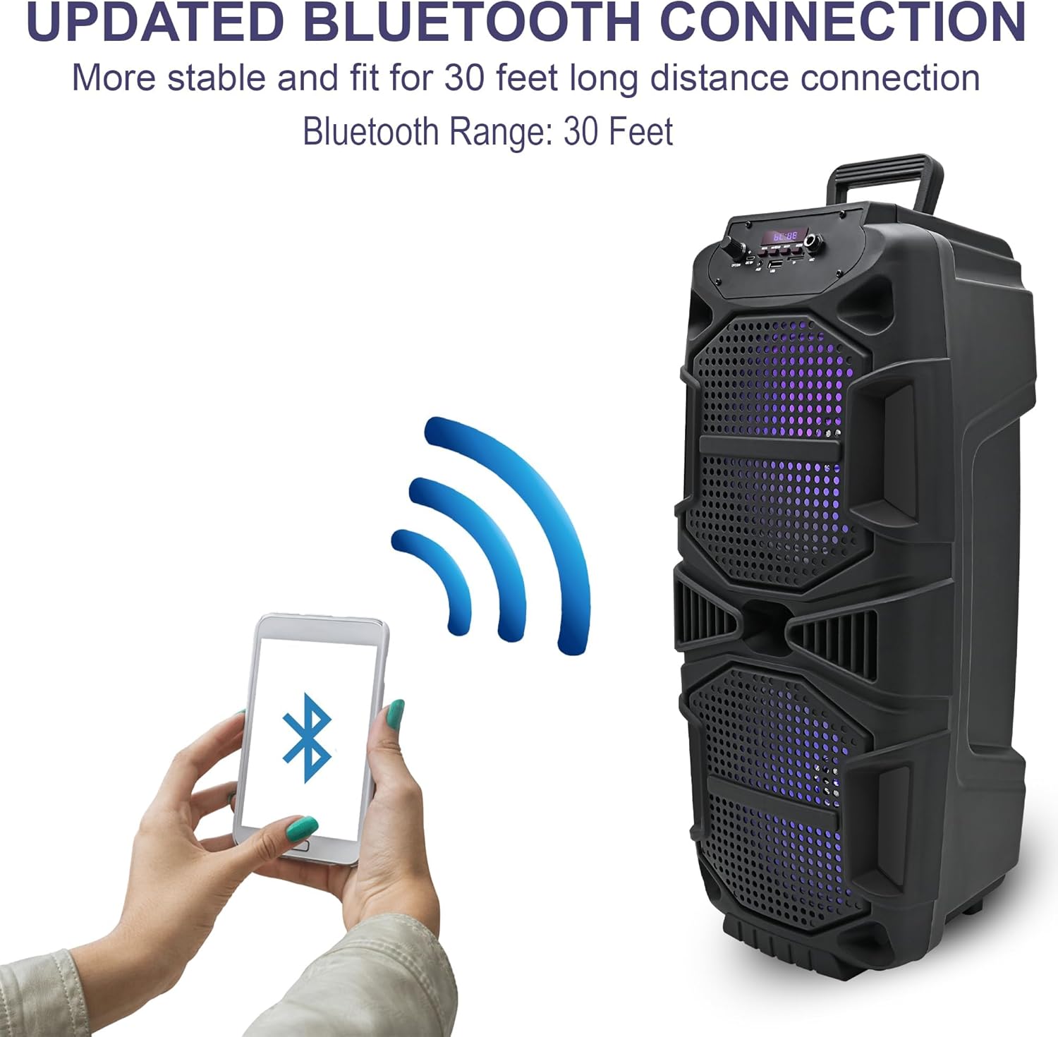 A person holding a smartphone with the Bluetooth logo, indicating a wireless connection to the Technical Pro TPSPARK28-2 speaker.