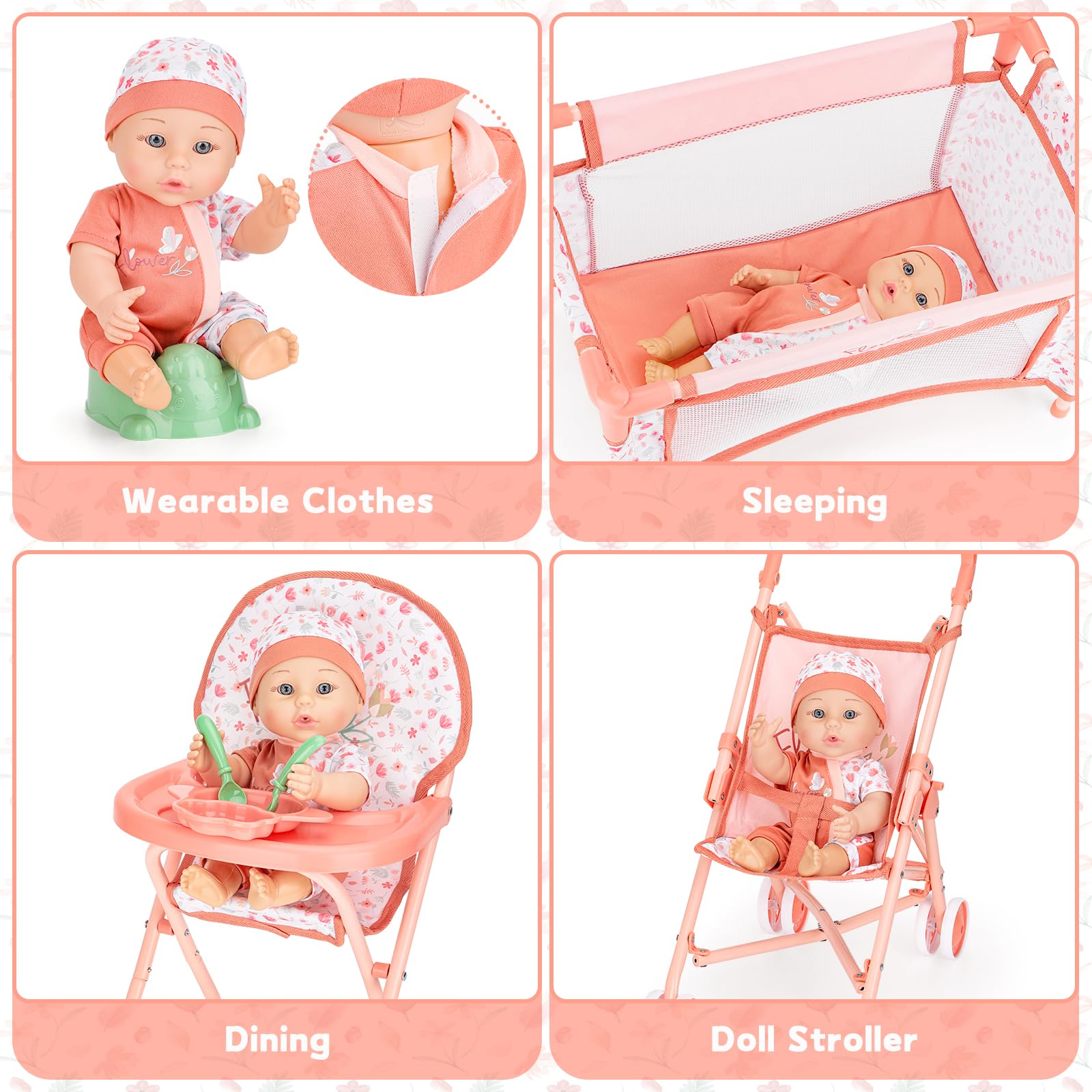 deAO Set Passeggino e Accessori per Bambole, Giochi di Ruolo Giocattoli | Bambole 30cm, Lettino, Seggiolone, Sacco Trasporto, Pieghevole, Montaggio Senza Attrezzi, Regali per Ragazze di 3 Anni+