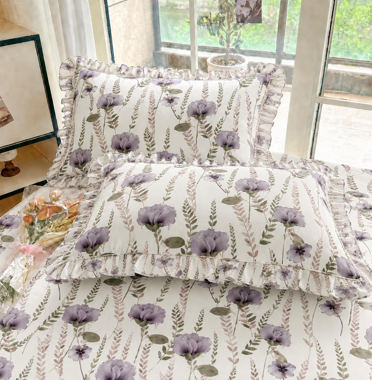 VOMZER King Size (72x78) 300 TC Soft Cotton Feel Microfiber All Around Elastic Fitted Double Bedsheet with 2 Frill Pillow Covers | Wild Floral