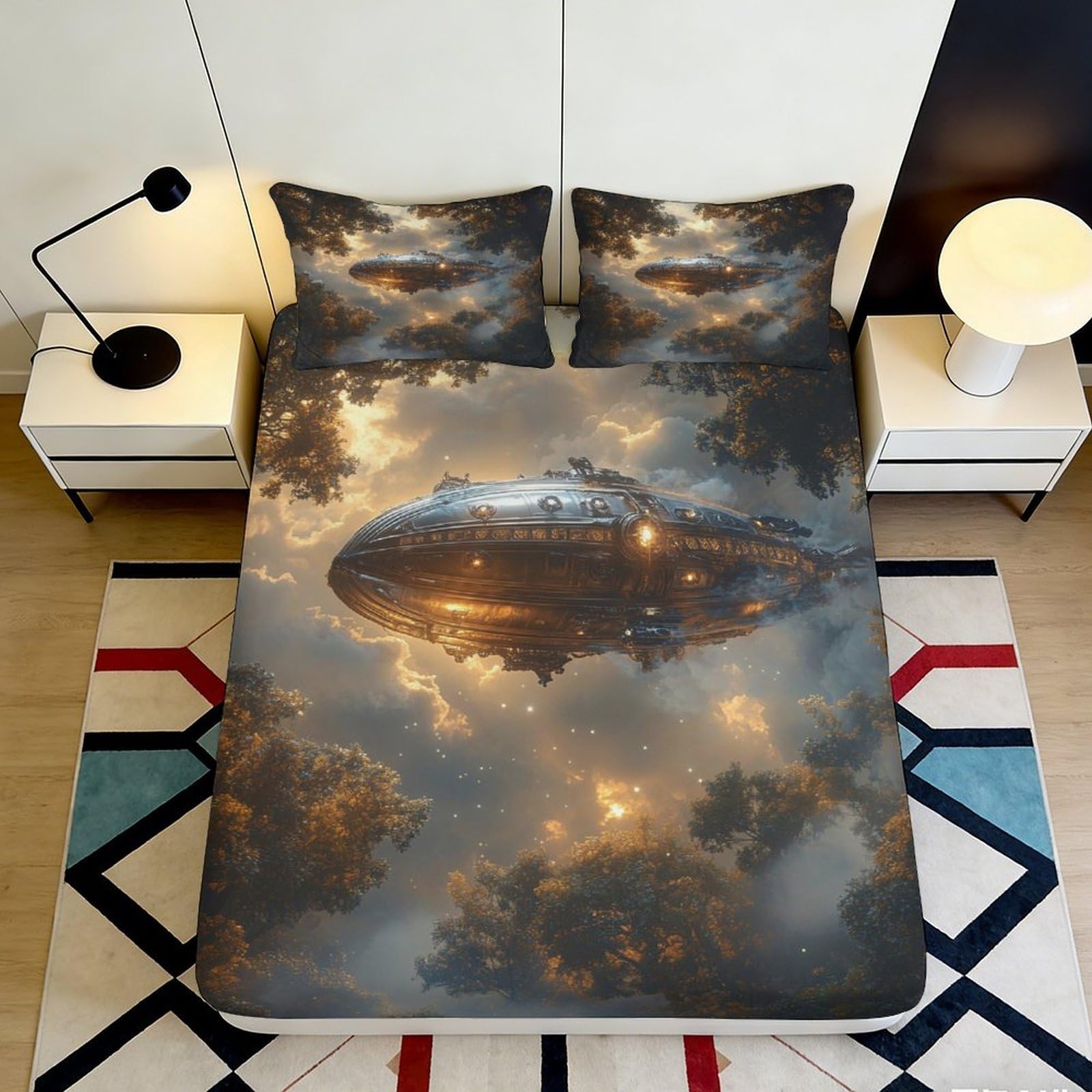 3D Printed Steampunk Airship Fitted Sheet Microfiber Deep Pocket Bedroom Bedding Steampunk Mattress Fitted Cover Non-Slip for Adults 200x200x25cm 90x200x25cm