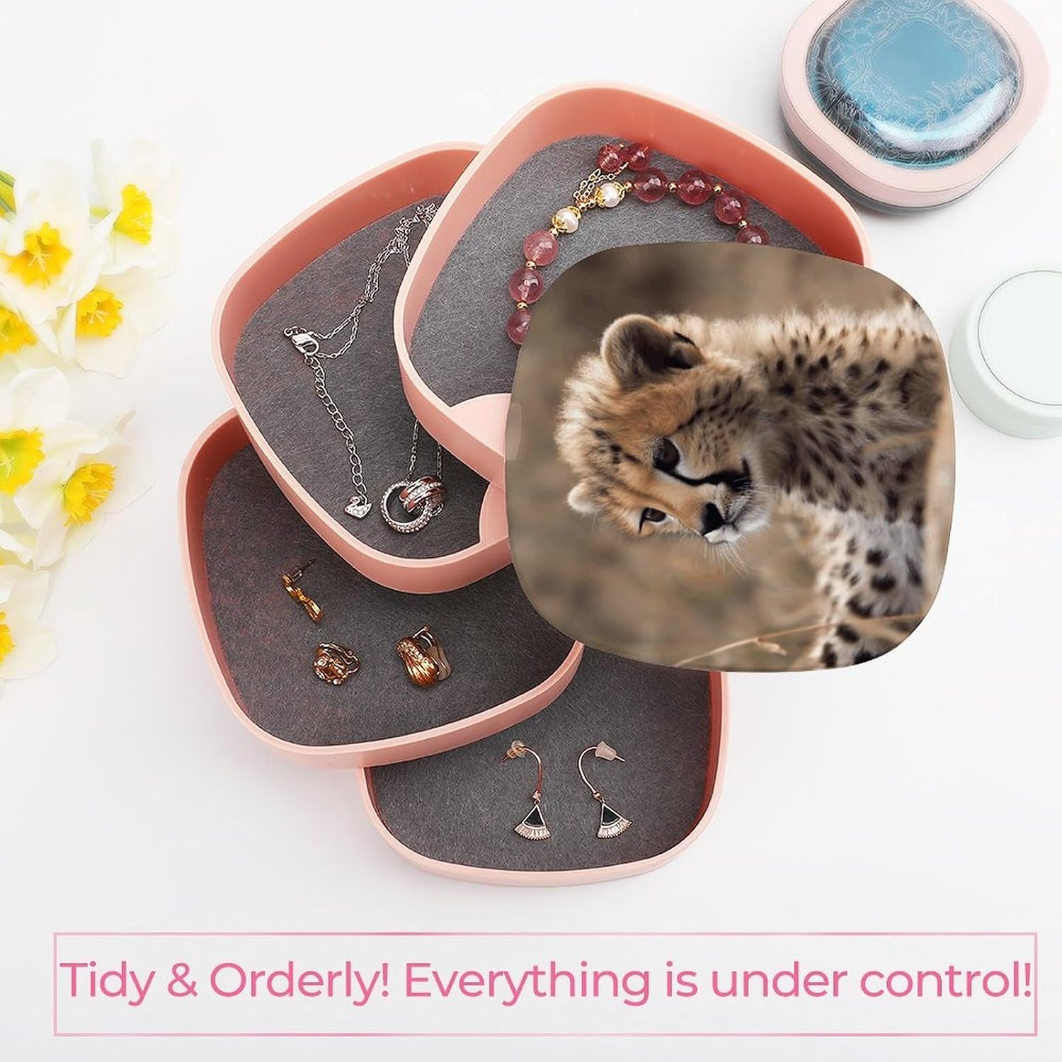 Baby Cheetah Jewelry Box 4-Layer Rotating Jewelry Box Portabl Jewelry Organizer Earring Storage Box for Bracelets Rings Stud Earrings Necklaces Small Watches image 5