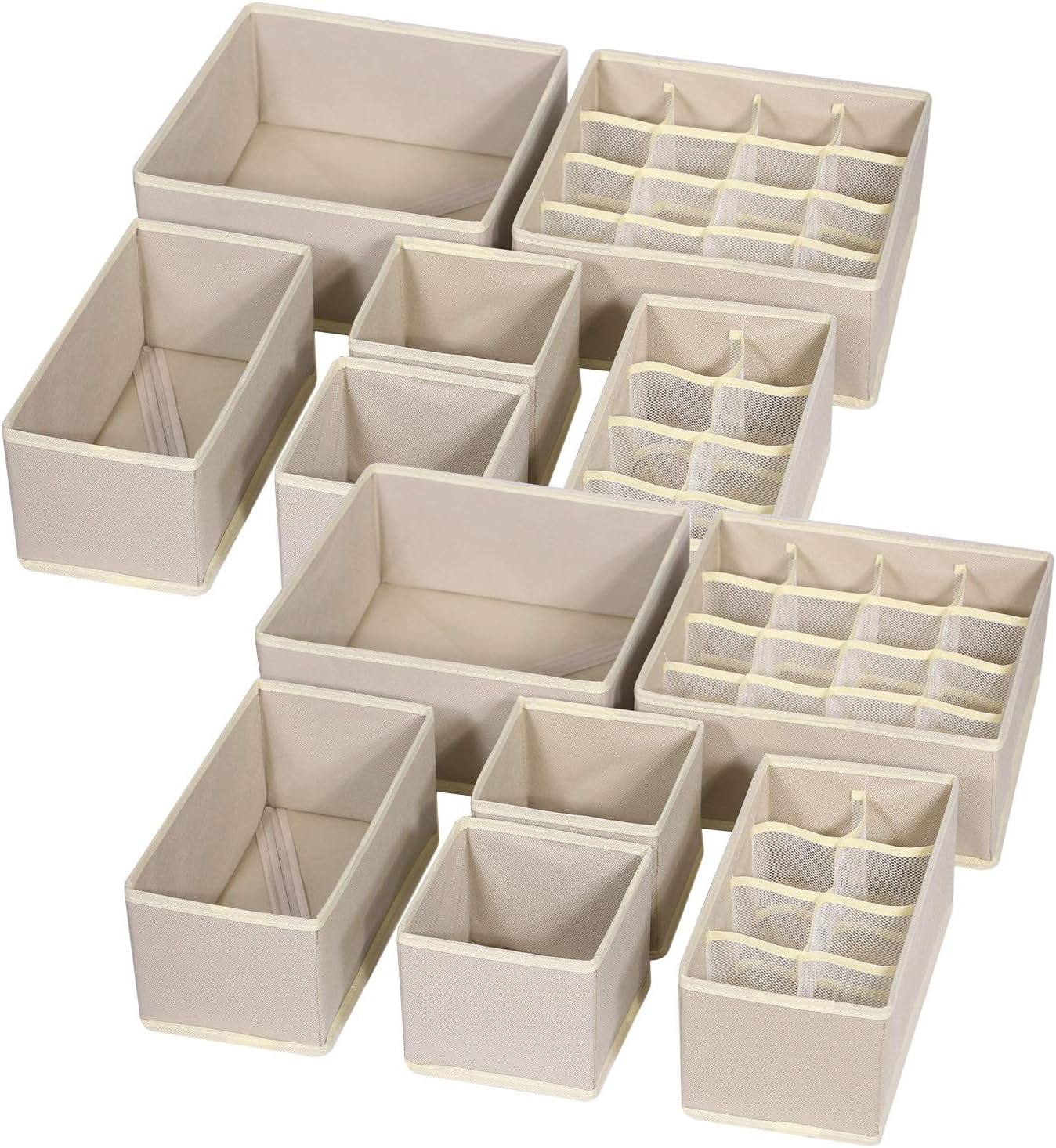 TENABORT 12 Pack Foldable Drawer Organizer Dividers Cloth Storage Box Closet Dresser Organizer Cube Fabric Containers Basket Bins for Underwear Bras Socks Panties Lingeries Nursery Baby Clothes Beige