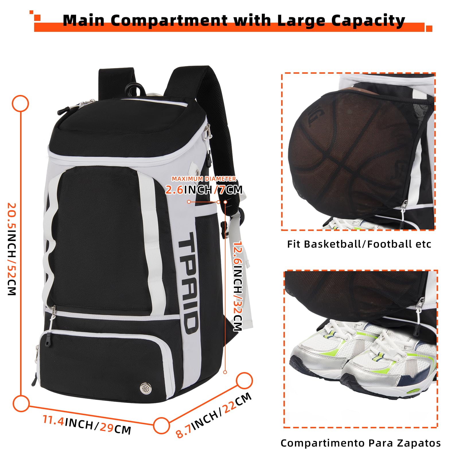 KINGSLONG Basketball Rucksack Fußballrucksack Große Kapazität Softball Tasche mit Schuhfach und Zaunhaken, leichte Fußball Volleyball Softball Ausrüstung für Schläger, Helme, Hüte,Schuhe