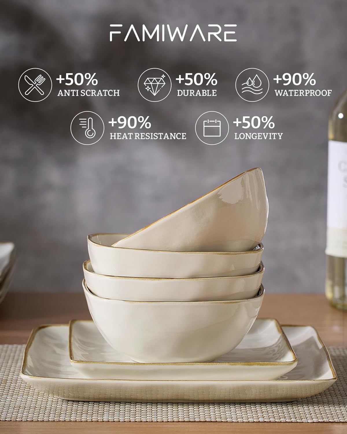 Famiware Dinnerware Sets for 4, Ocean Square 12-Piece Kitchen Plates and Bowls Sets, Microwave and Dishwasher Safe, Scratch Resistant, Vanilla White - Image 6