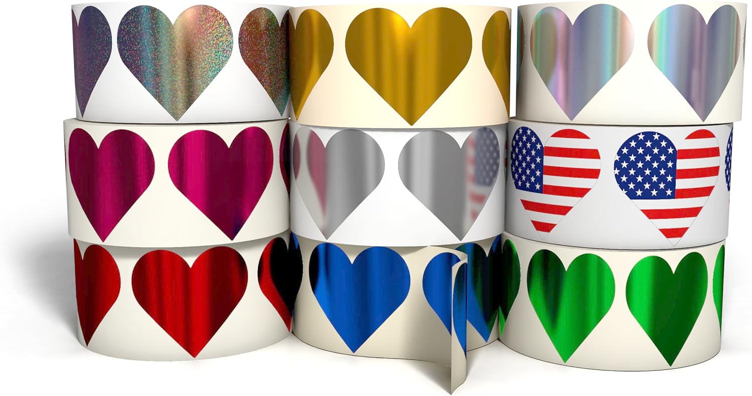 1.5" Heart Adhesive Label Stickers, Over 500 Stickers Per Roll, Choose Silver, Gold, Holo, USA, and More - 1-1/2 Inch for Teachers Parents and Kids - Made in USA (6 Roll Mix-n-Match)