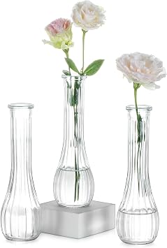 NUPTIO Glass Bud Vases Centerpiece 3 Pcs Small Flower Vase Wedding Bulk | Cute Clear Ribbed Glass Vase for Party Events Home Table Decor