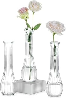 NUPTIO Small Glass Vases for Table Decoration, Flower Vase: 3 Pieces 21.7 cm High Narrow Small Vase for Wedding Decoration - Transparent Ribbed Vases Set for Living Room Birthday Party Decoration