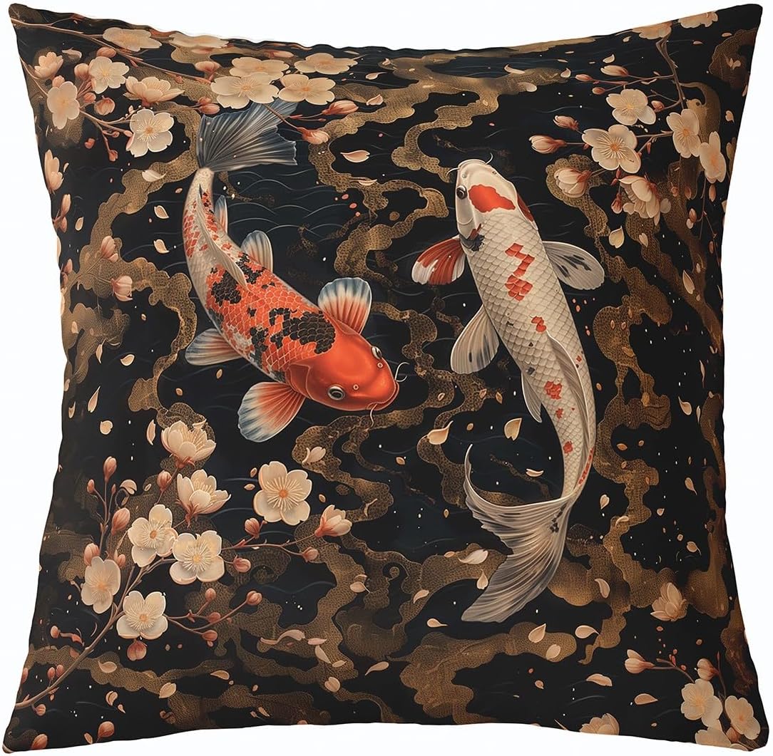 Erosebridal Koi Fish Throw Pillow Cover Cherry Blossom Pillow Cover 24X24 Apanese Style Ukiyoe Cushion Cover Oriental Exotic Carp Decorative Pillow Cover Vintage Retro Bedroom Decor