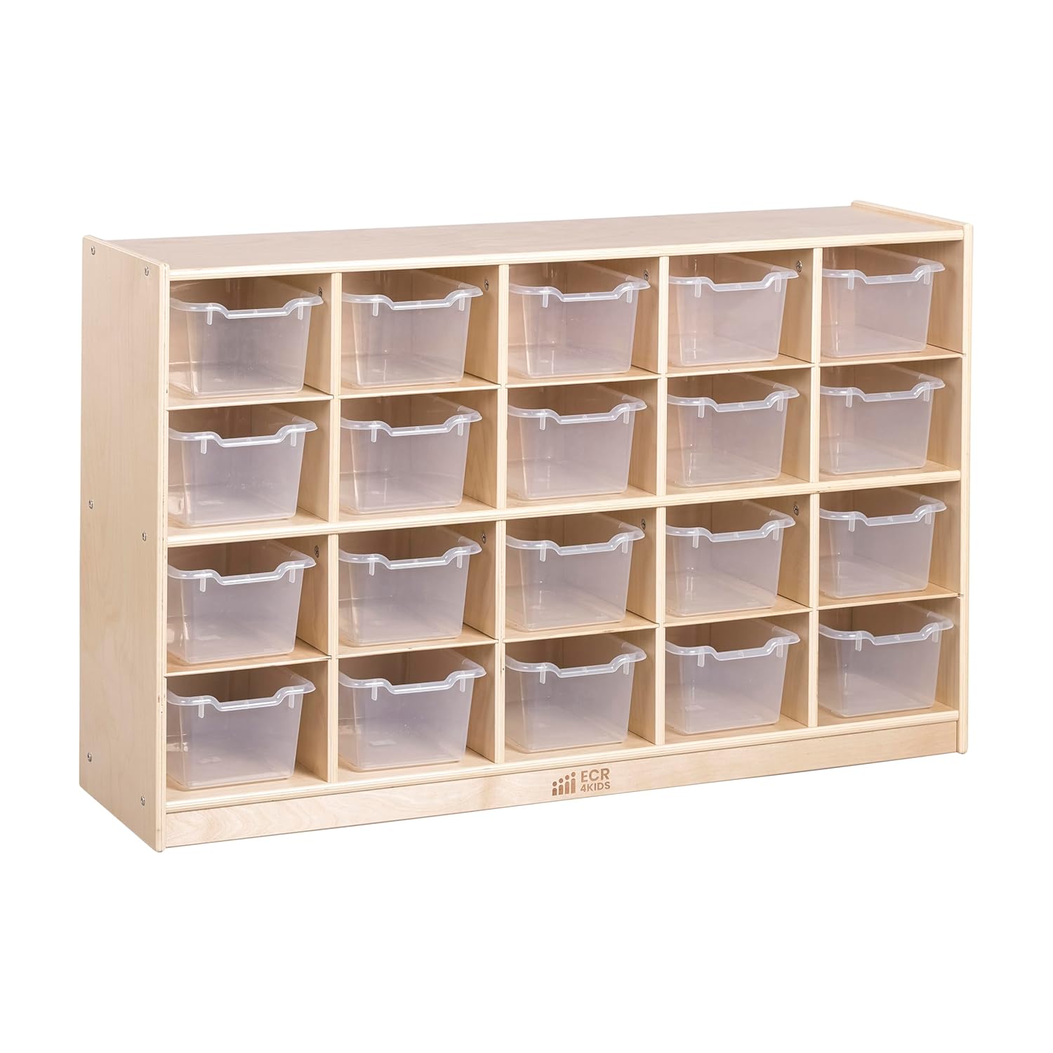 ECR4Kids 20 Cubby Mobile Tray Cabinet with 20 Scoop Front Storage Bins, 4x5, Natural, Classroom Furniture, Clear