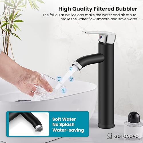 Miniatura 4 de gotonovo Grifo para fregadero de cuenco, 1 manija, montaje en cubierta de un solo agujero, grifo mezclador de tocador para baño, color negro mate y