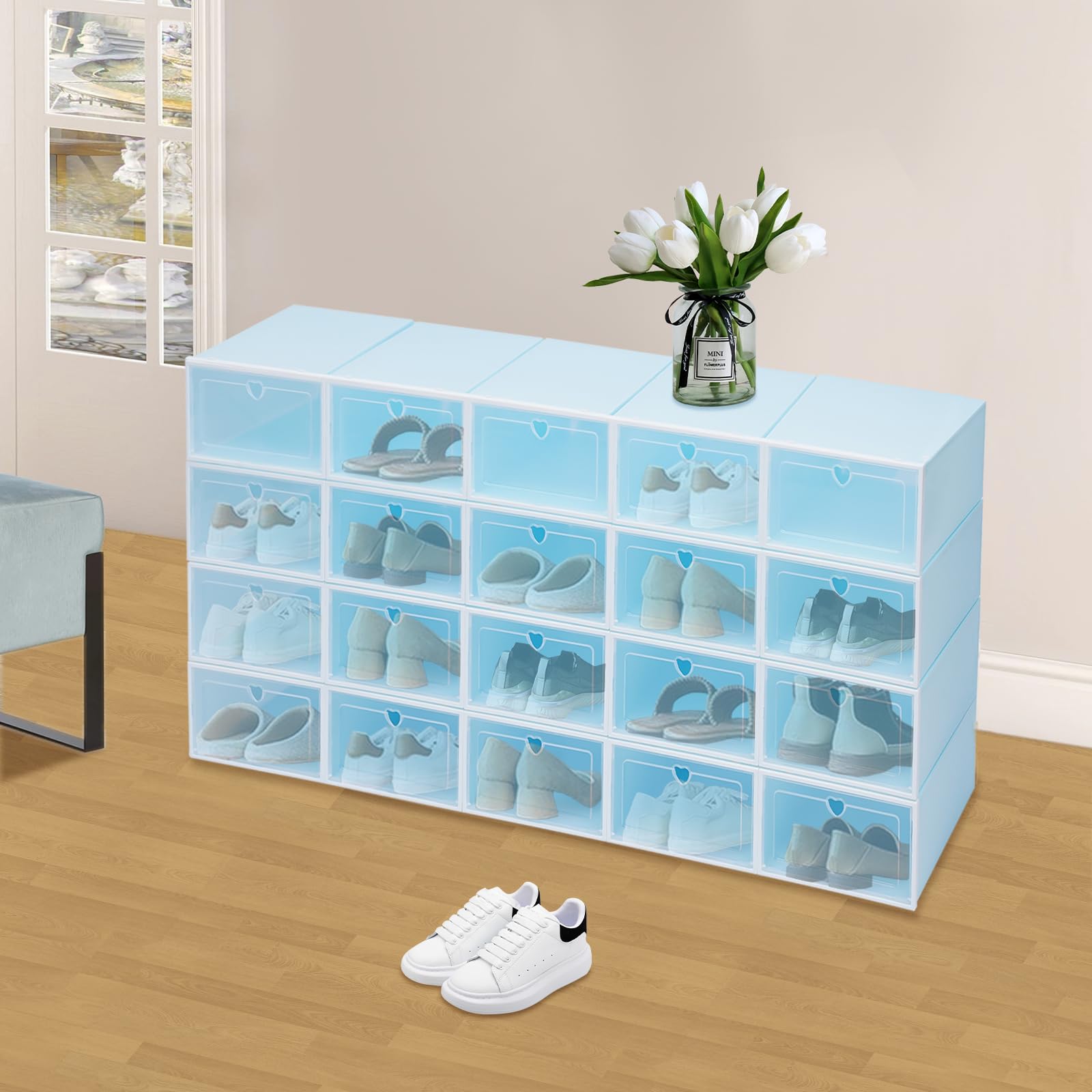 20 scatole per scarpe, 33 x 23 x 14 cm, trasparente, impilabili, in plastica, per uomini e donne (blu)