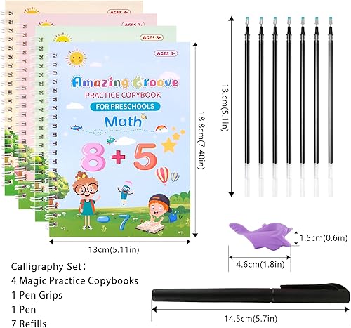 Miniatura 7 de Larcenciel 4 cuadernos de práctica mágica, libros de escritura ranurados para niños con bolígrafo, libro de caligrafía reutilizable para