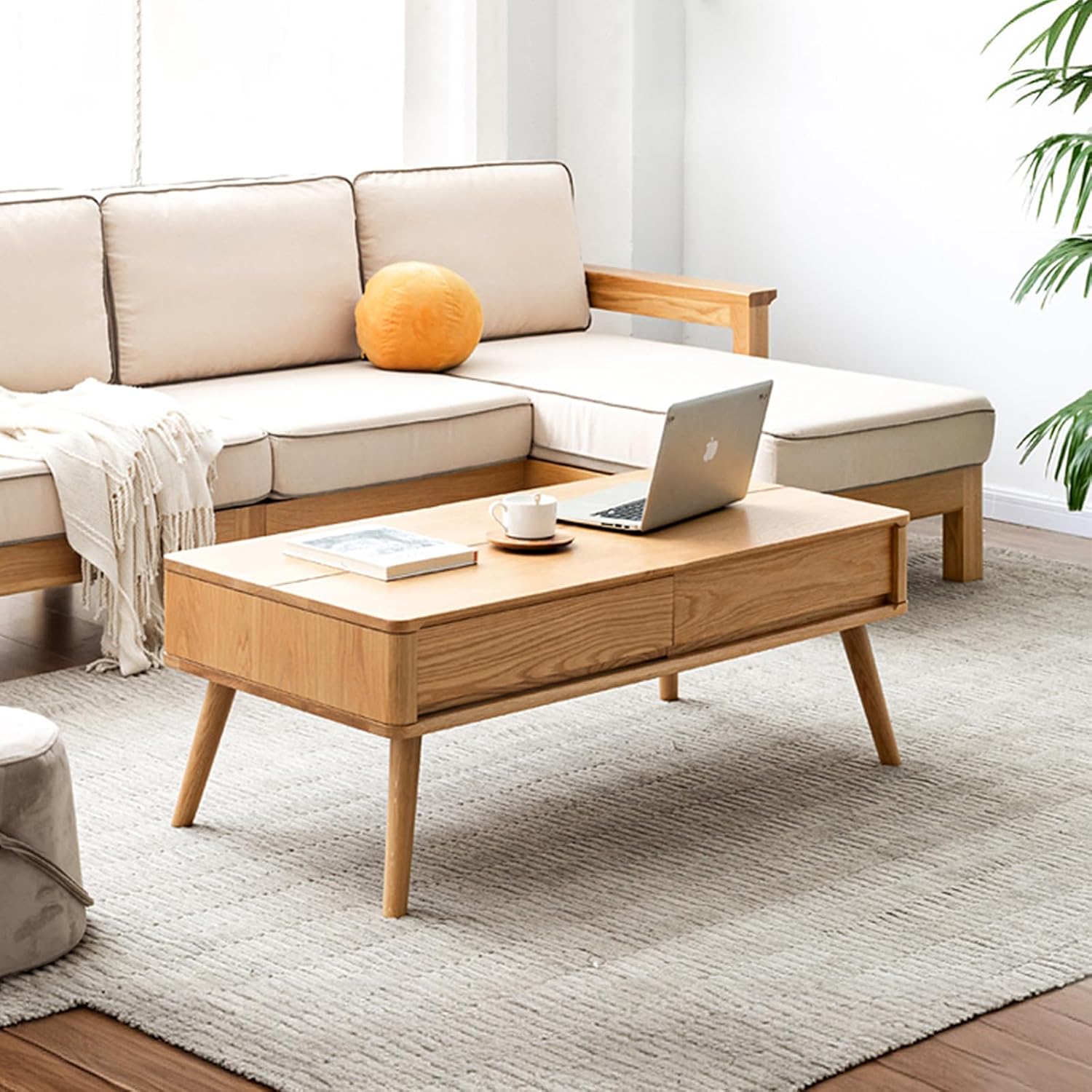 100% Solid Wood Lift Top Coffee Table for Living Room, Mid Century Modern Tables with Drawers and Large Storage, Oak Coffee Tables for Small Spaces (Oak Wood Log, 39.37" W x 21.65" D x 25.59" H)