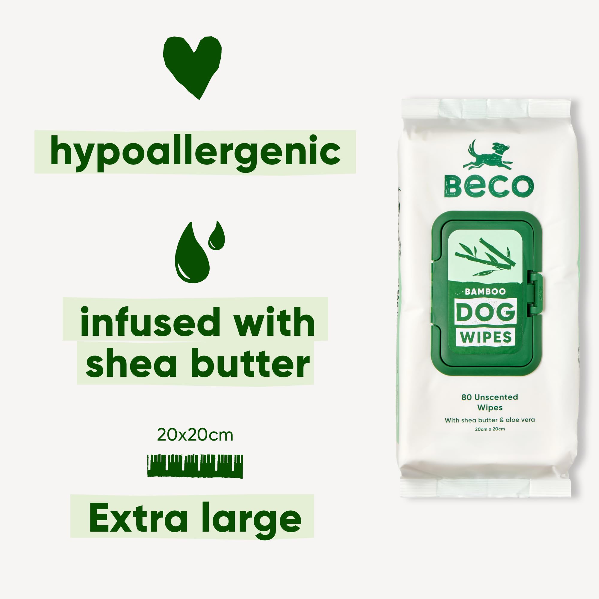 Beco Toallitas para Perros, sin plástico, 80 toallitas x 4 Paquetes, sin Perfume, para Patas, Cuerpo y Trasero, toallitas de Aseo a Base de Plantas